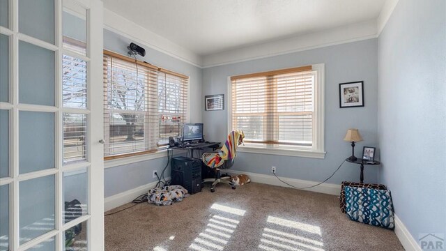 carpeted home office with ornamental molding and baseboards