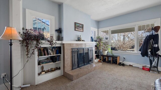 living area featuring a fireplace and carpet flooring