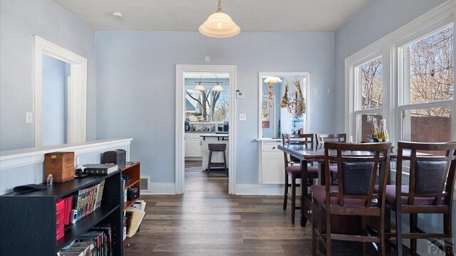 dining room featuring dark wood finished floors, visible vents, and baseboards