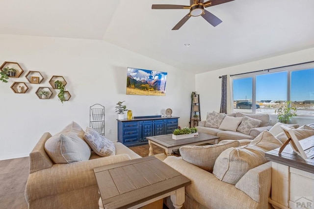 living room with vaulted ceiling and ceiling fan