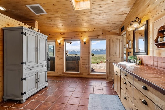 1800 Oak Grove Cir, Westcliffe, CO 81252 - doorway to outside featuring wooden walls, healthy amount of natural light, a sink, wood ceiling, and dark tile patterned floors
