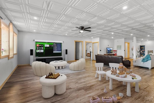 1800 Oak Grove Cir, Westcliffe, CO 81252 - living area featuring wood finished floors, baseboards, an ornate ceiling, ceiling fan, and recessed lighting