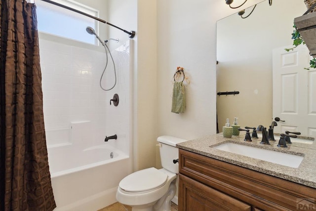 full bathroom with toilet, shower / bath combo, and vanity