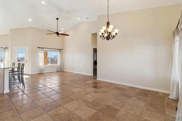 unfurnished room featuring ceiling fan with notable chandelier, high vaulted ceiling, recessed lighting, and baseboards