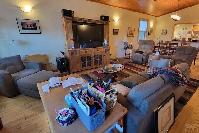 living room featuring wood ceiling and hardwood / wood-style flooring