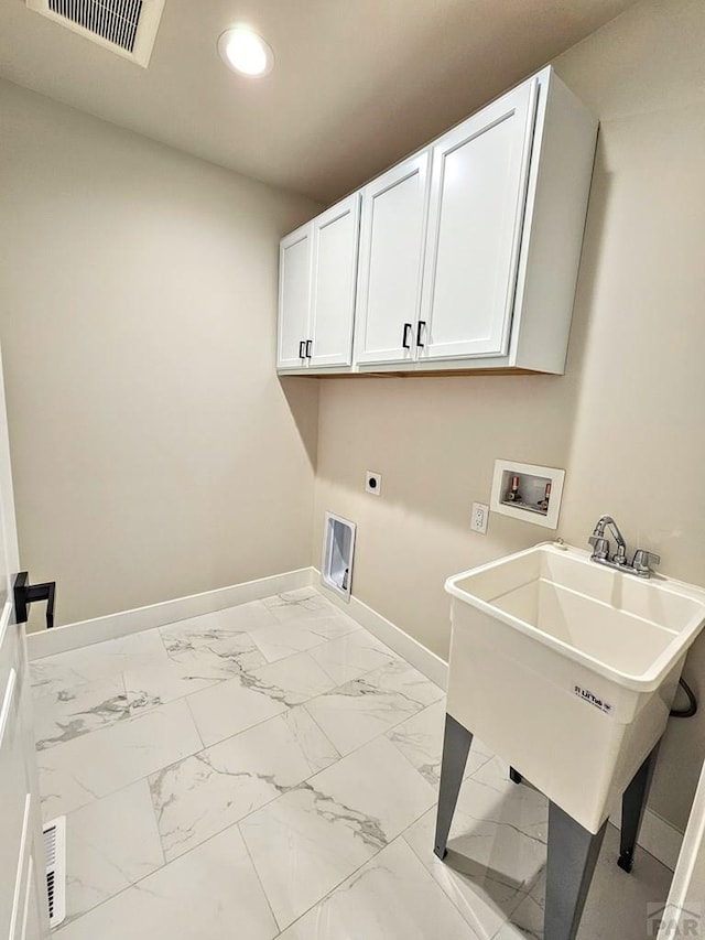 washroom with hookup for a washing machine, visible vents, hookup for an electric dryer, baseboards, and marble finish floor