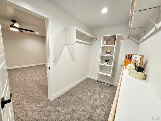 spacious closet with carpet flooring and ceiling fan