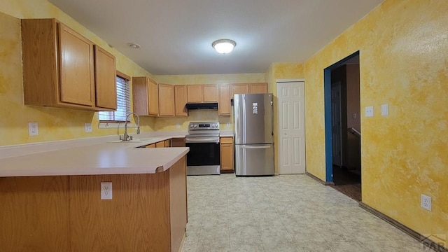 270 W Baldwyn Dr, Pueblo West, CO 81007 - kitchen featuring appliances with stainless steel finishes, a sink, under cabinet range hood, a peninsula, and light countertops