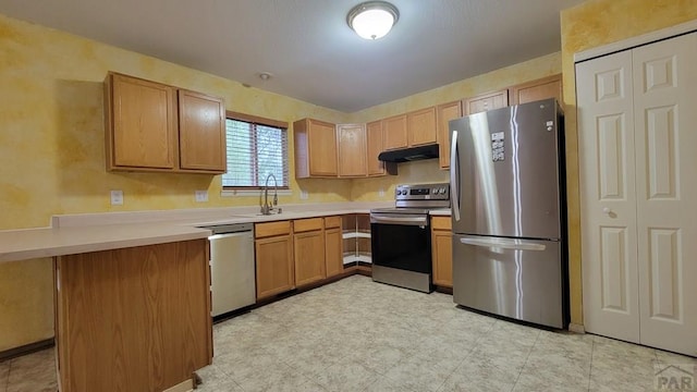 270 W Baldwyn Dr, Pueblo West, CO 81007 - kitchen featuring appliances with stainless steel finishes, under cabinet range hood, a sink, a peninsula, and light countertops
