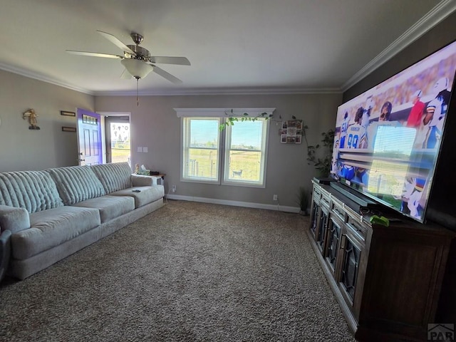 256 E First St, Hasty, CO 81044 - living room featuring carpet flooring, a ceiling fan, crown molding, and baseboards