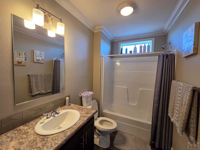 256 E First St, Hasty, CO 81044 - full bathroom featuring vanity, ornamental molding, toilet, and shower / tub combo
