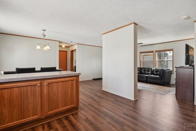 kitchen featuring open floor plan, light countertops, brown cabinetry, dark wood finished floors, and pendant lighting