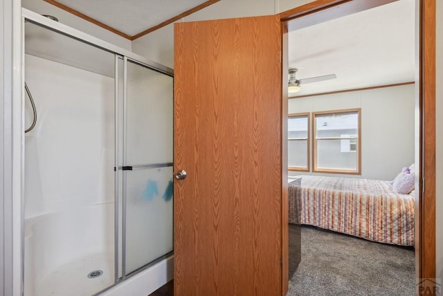 ensuite bathroom with ensuite bathroom, ceiling fan, a shower with shower door, and crown molding