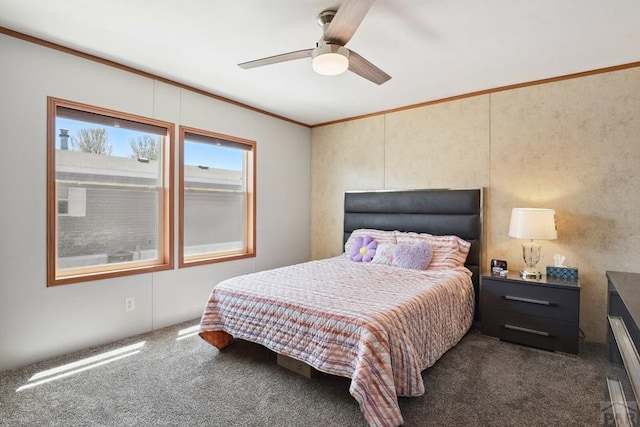 bedroom featuring dark carpet, a ceiling fan, and ornamental molding