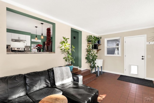 living area featuring baseboards and crown molding