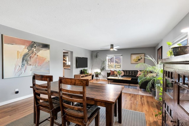 dining space featuring light wood finished floors, a ceiling fan, baseboards, and a textured ceiling