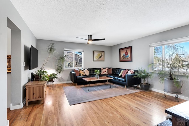 living area with a ceiling fan, light wood-style flooring, baseboards, and a textured ceiling