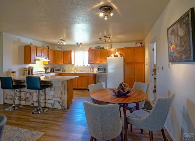 4131 County Rd 510, Walsenburg, CO 81055 - kitchen with stainless steel microwave, under cabinet range hood, light wood-style floors, freestanding refrigerator, and a peninsula