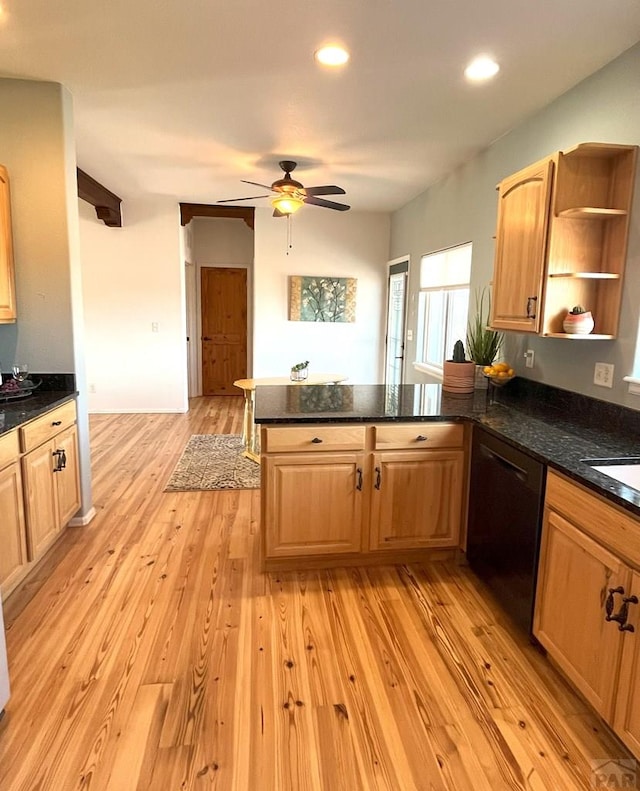 kitchen featuring light wood-style flooring, recessed lighting, black dishwasher, and a peninsula