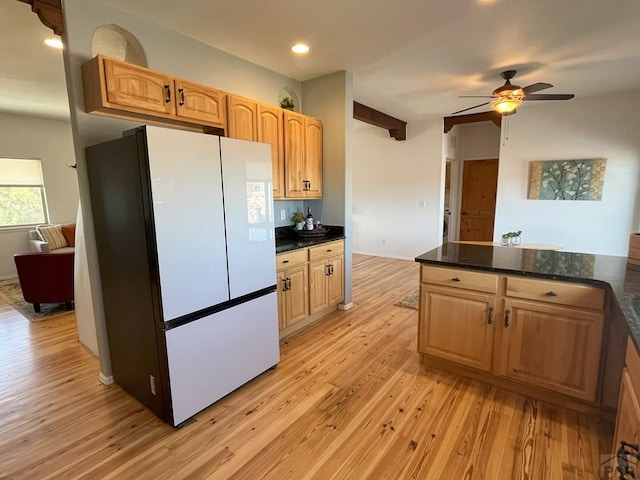 kitchen with recessed lighting, light wood-style flooring, a ceiling fan, and freestanding refrigerator