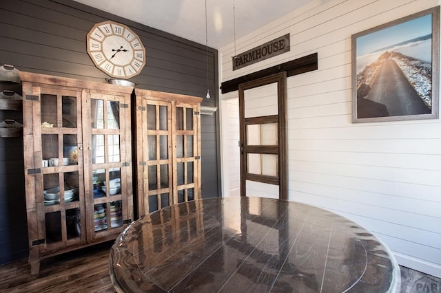 interior space featuring wood walls and dark wood finished floors