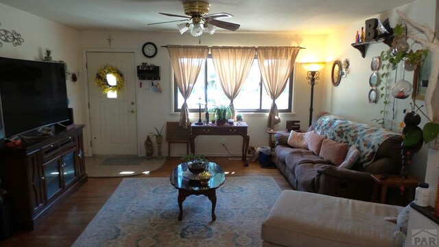 living area featuring ceiling fan and dark wood-type flooring