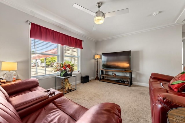 999 Fortino Blvd Unit 237, Pueblo, CO 81008 - living area featuring ceiling fan, carpet flooring, crown molding, and baseboards