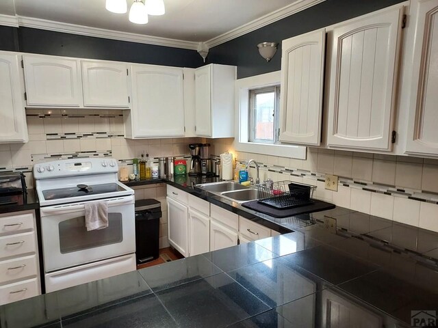 kitchen featuring tasteful backsplash, white electric range, ornamental molding, white cabinets, and a sink