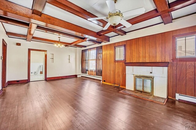 unfurnished living room featuring dark wood-style floors, baseboard heating, coffered ceiling, and wood walls