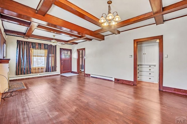 unfurnished living room with a baseboard radiator, a baseboard heating unit, wood finished floors, baseboards, and ceiling fan with notable chandelier