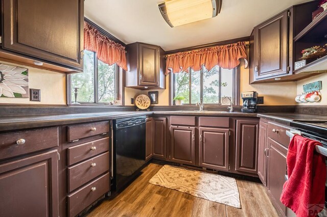 kitchen featuring black dishwasher, light wood-type flooring, and dark countertops