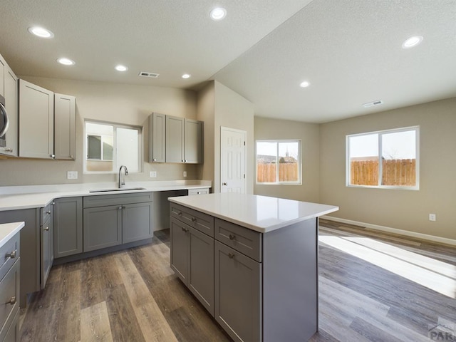 151 S Stardust Cir, Pueblo West, CO 81007 - kitchen featuring a sink, visible vents, gray cabinetry, and dark wood finished floors