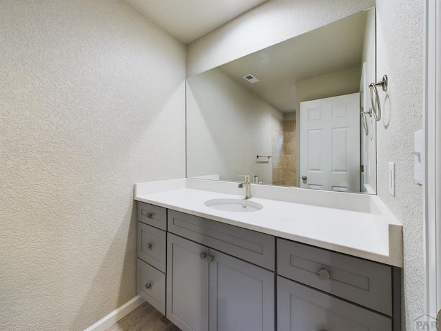 151 S Stardust Cir, Pueblo West, CO 81007 - bathroom with visible vents, baseboards, a textured wall, vanity, and wood finished floors