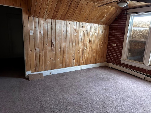 additional living space featuring ceiling fan, carpet floors, and wood walls