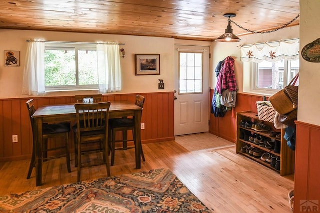 8570 Pine Dr, Beulah, CO 81023 - dining space featuring plenty of natural light, a wainscoted wall, light wood-style floors, wooden ceiling, and crown molding