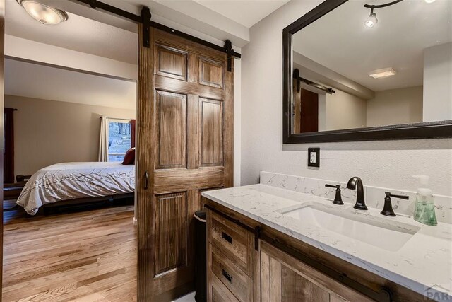 bathroom with vanity, wood finished floors, and ensuite bathroom