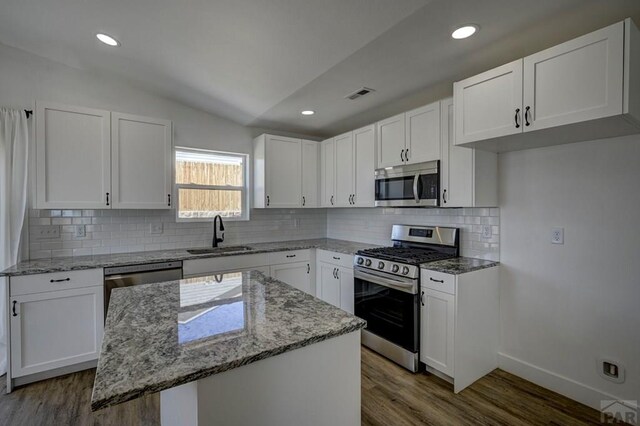 1436 Brewery Rd, Pueblo, CO 81001 - kitchen featuring a sink, vaulted ceiling, visible vents, wood finished floors, and appliances with stainless steel finishes