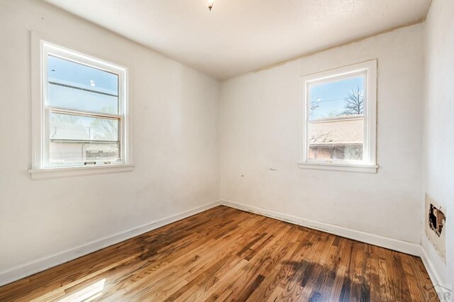 spare room with a wealth of natural light, baseboards, and wood finished floors