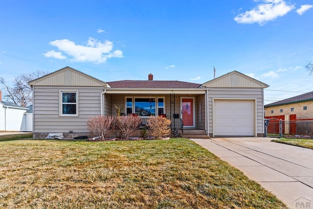 ranch-style house with a garage, fence, driveway, a chimney, and a front yard