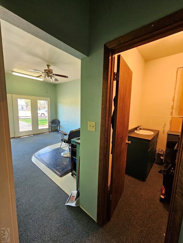 743 G St, Two Buttes, CO 81084 - hall featuring a sink and carpet flooring