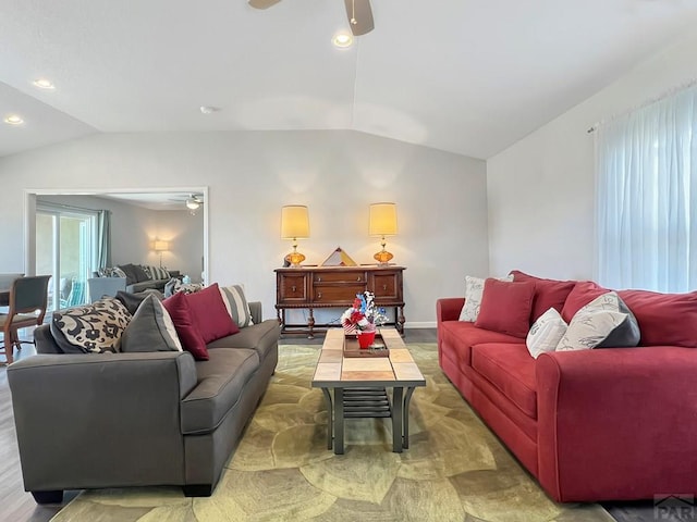 439 N Mitford Dr, Pueblo West, CO 81007 - living room featuring vaulted ceiling, a ceiling fan, and recessed lighting