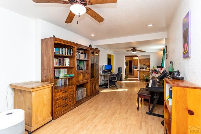 office with light wood-style floors, recessed lighting, and ceiling fan