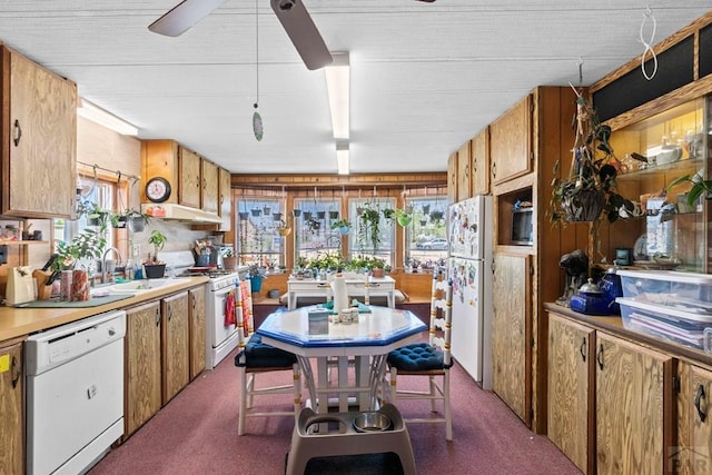 kitchen featuring white appliances, a sink, a ceiling fan, dark colored carpet, and brown cabinetry