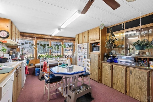 kitchen featuring white appliances, brown cabinets, dark carpet, and ceiling fan