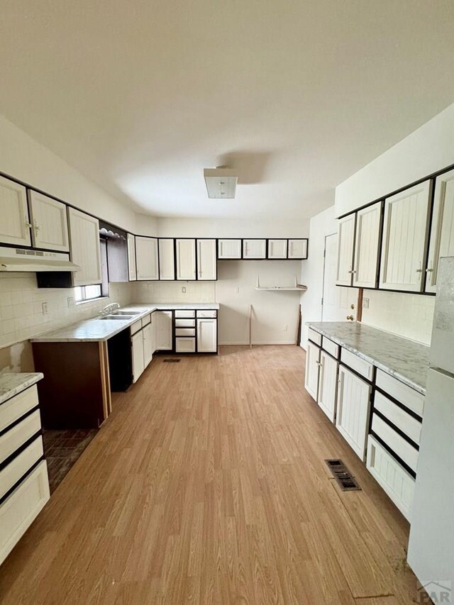 kitchen featuring under cabinet range hood, light wood-style flooring, visible vents, and decorative backsplash