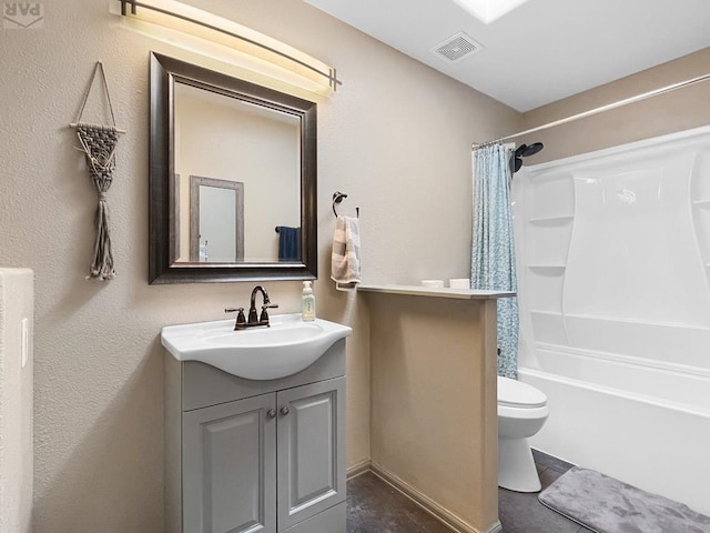 full bathroom with visible vents, toilet, vanity, and shower / bath combination with curtain