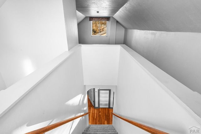 stairway with lofted ceiling and wood finished floors