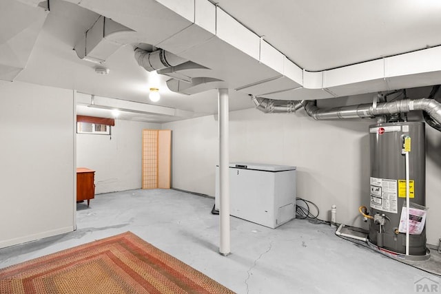 finished basement with refrigerator and gas water heater