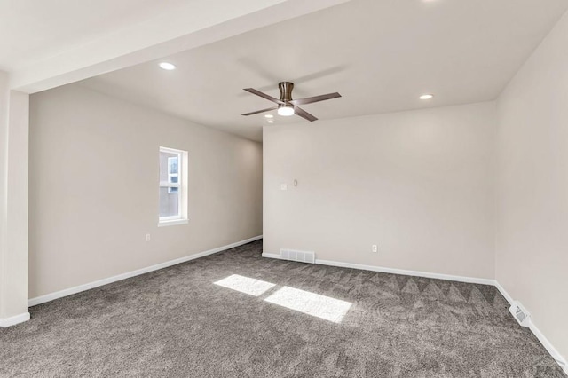 carpeted spare room with baseboards, visible vents, ceiling fan, and recessed lighting