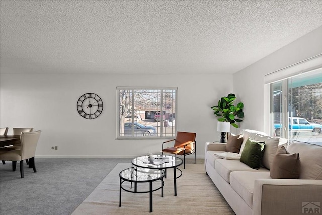 living room featuring light carpet, a textured ceiling, and baseboards